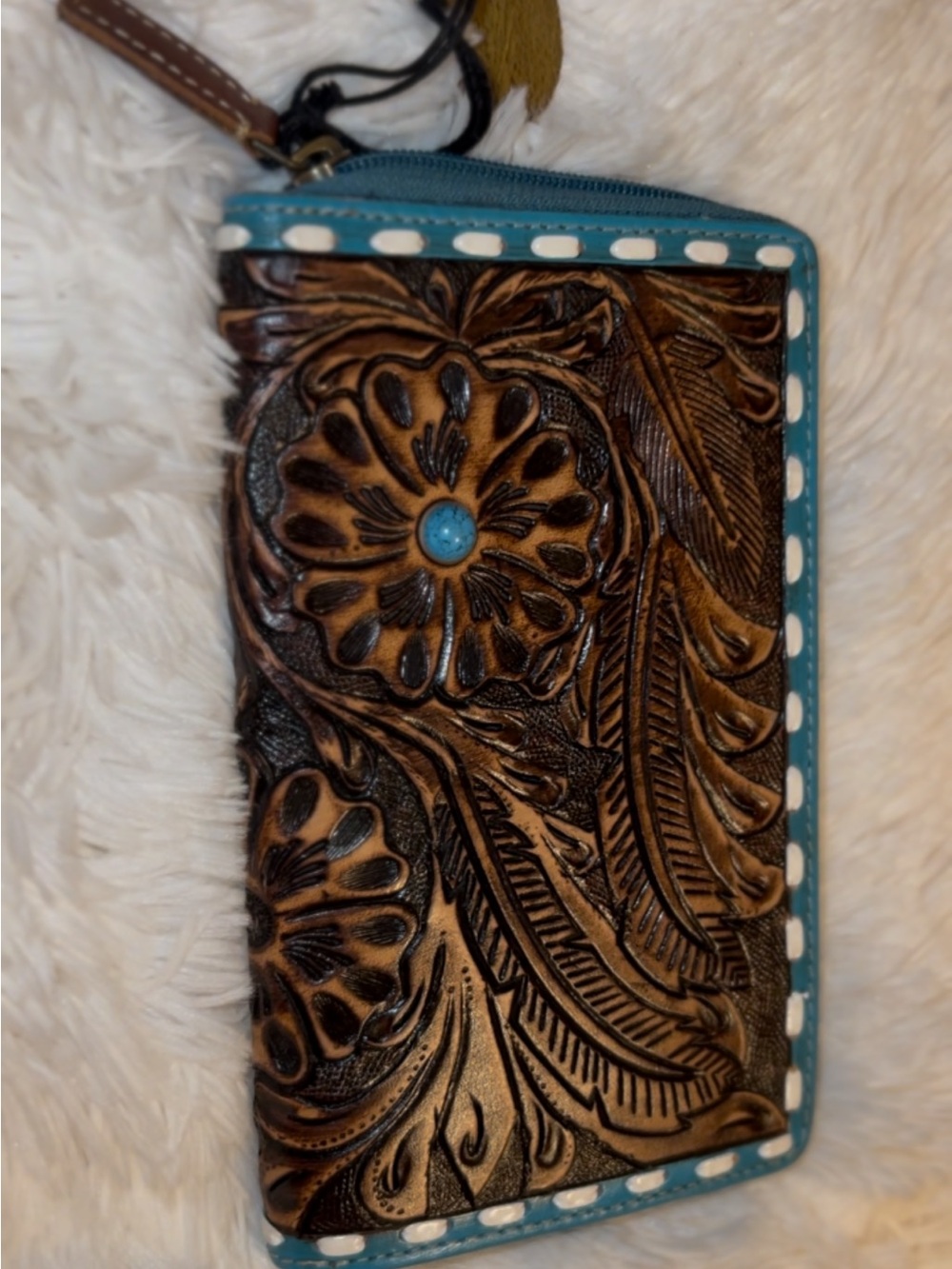 Myra Bag Turquoise Trim Tooled Floral Leather Wallet